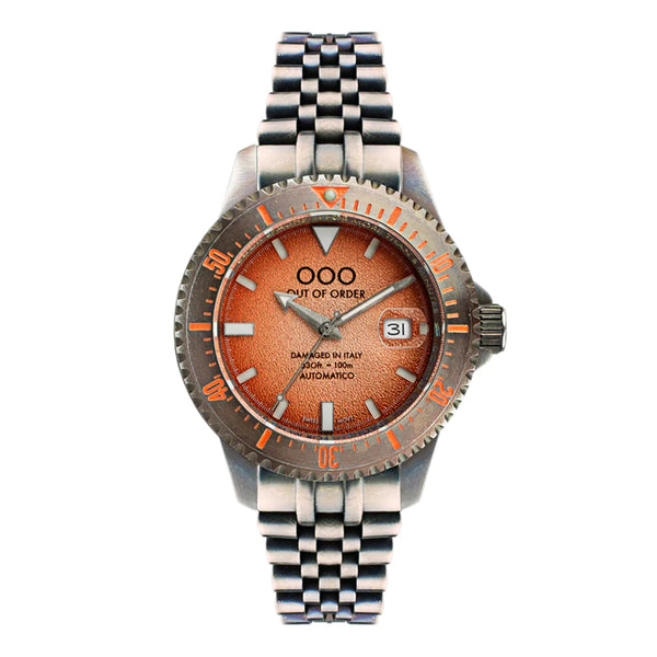 ORANGE SWISS AUTOMATICO WATCH BY OUT OF ORDER - 44MM, SAPPHIRE CRYSTAL, STAINLESS STEEL