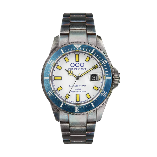 WHITE AND BLUE CASANOVA WATCH BY OUT OF ORDER - 44MM, SAPPHIRE CRYSTAL, STAINLESS STEEL